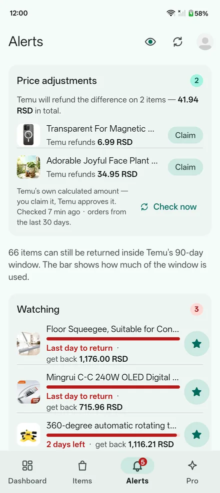 Alerts: price adjustments with Temu's amount and a Claim button, and watched returns with their last days and the refund you would get back.