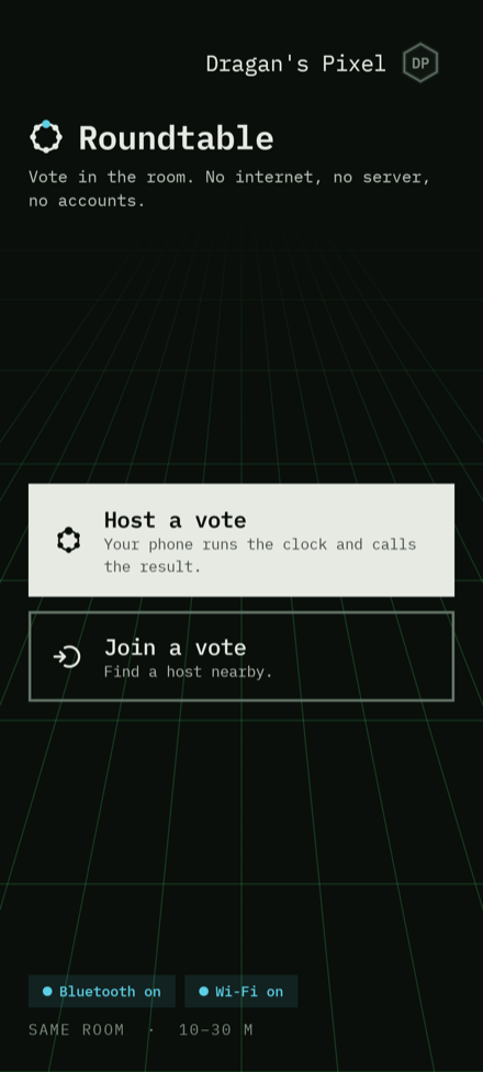 Roundtable home screen: host a vote, join a vote, and the last decision the room made.