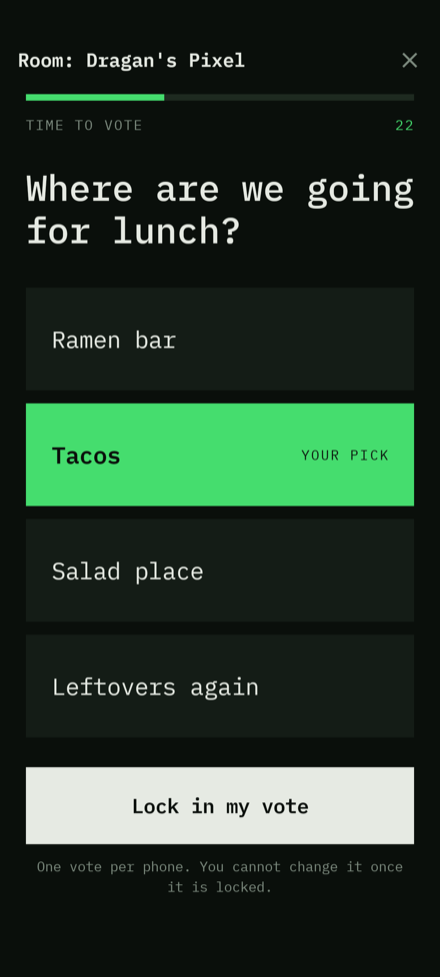 A voter's ballot: the question, four answers with Tacos selected, and a lock-in button.